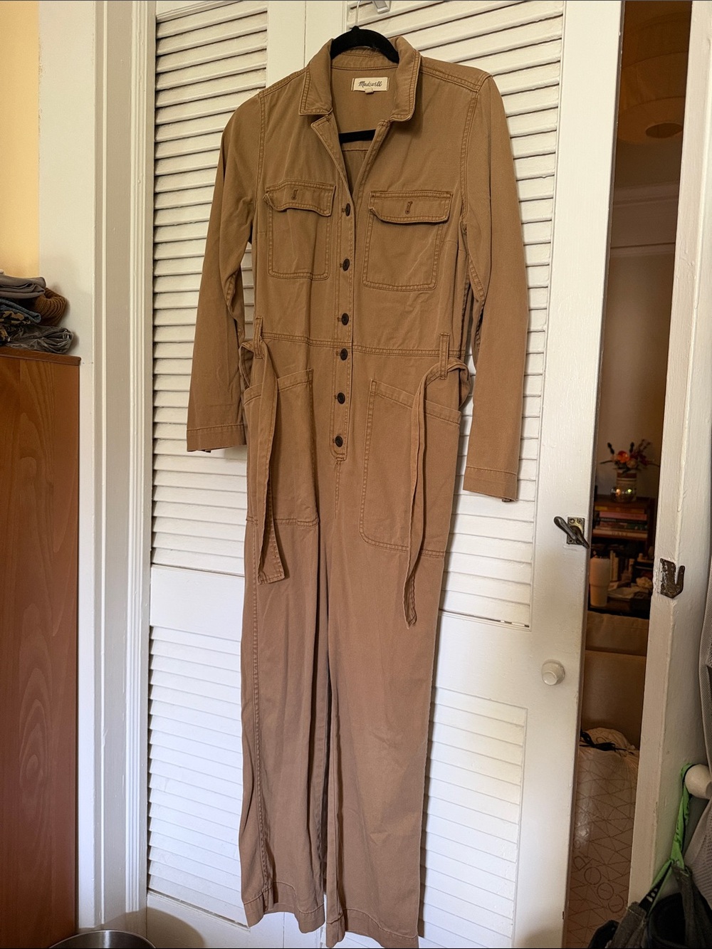 Madewell Women's Camel Utility Jumpsuit - Long Sleeve Button Front
